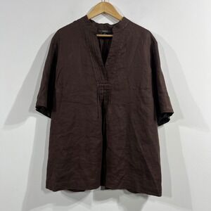 Style & Co VTG Brown 100% Linen Pintuck Split Neck Top Womens 18W Resort Coastal